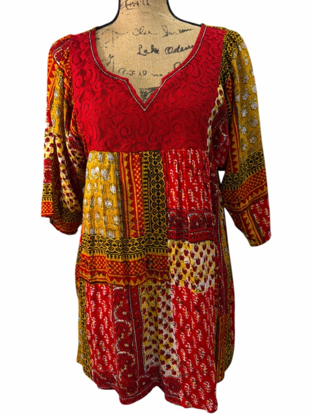 Life Style Red & Mustard Patchwork Boho Tunic. EC. Size small